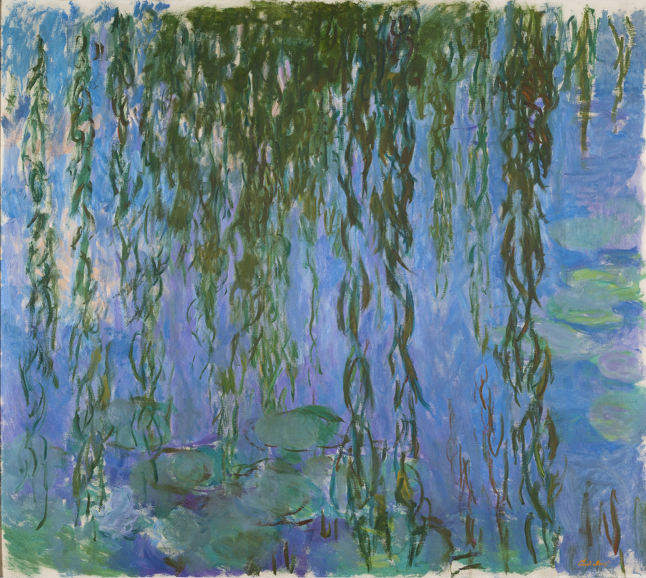 Water lilies and willow tree branches